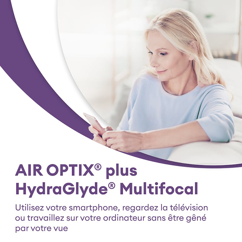 AIR OPTIX plus HydraGlyde Multifocal - 3 lentilles mensuelles - marketing