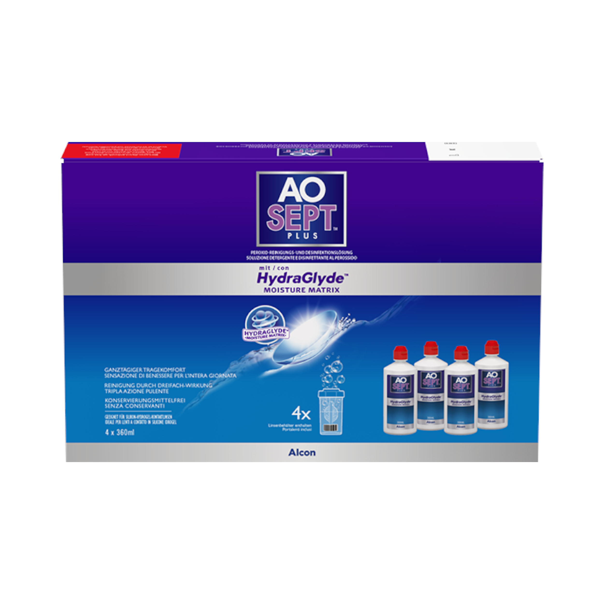AOSEPT PLUS mit HydraGlyde - 4 x 360ml + lenzendoosje