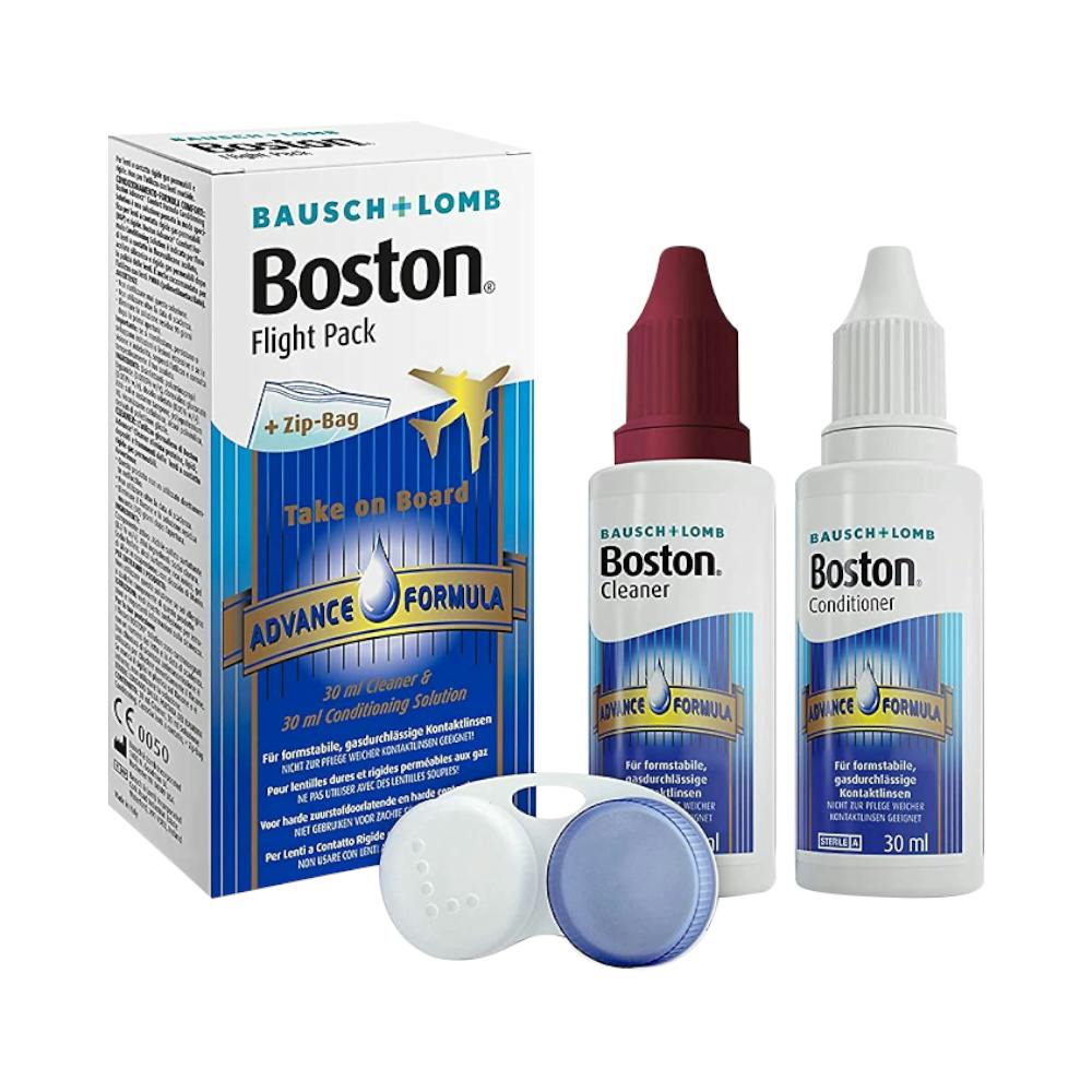 Boston Flight Pack - 1x30ml detergente + 1x30ml  solution de conservation + contenitore per lenti front