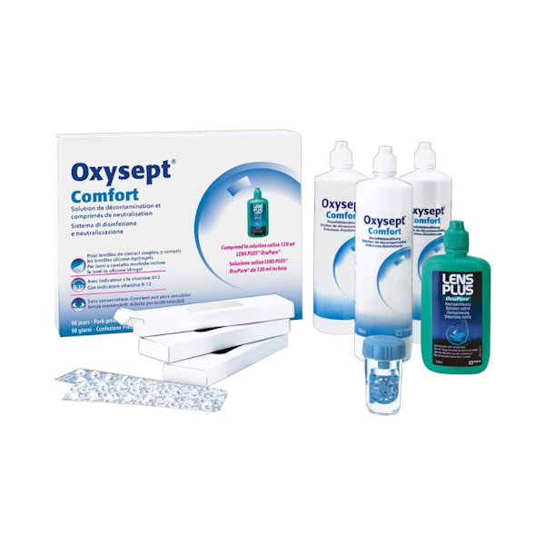 Oxysept Comfort B12 - 3x300 ml + 90 Tabletten + 120 ml Lens Plus + Behälter